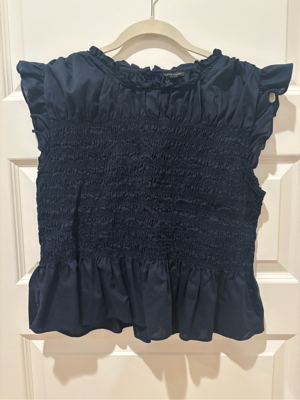 Ann Taylor Navy Smocked Ruffle Sleeve Blouse